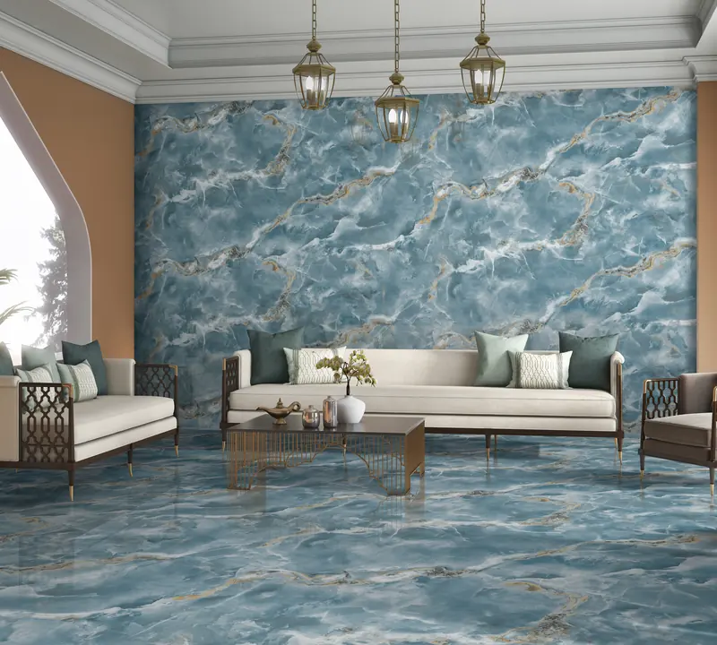 Living room with blue onyx-effect Sassuolo porcelain tiles on floor and wall