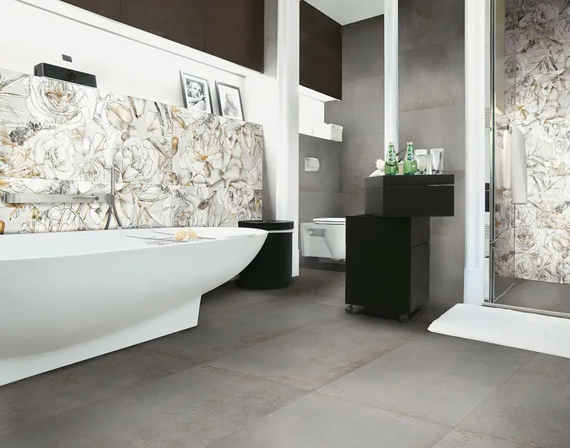 Modern bathroom with a floral-decor feature wall in 60x120 Sassuolo tiles